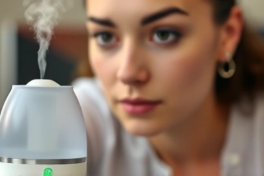 Person feeling comfortable and focused at work with humidifier mist.