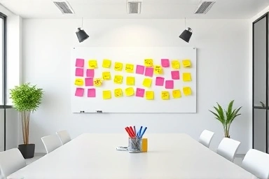 Modern office meeting room with collaborative whiteboard.