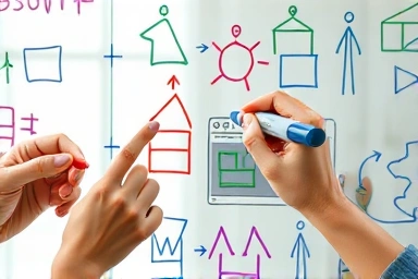 Hands brainstorming on a sleek glass whiteboard with colorful markers.