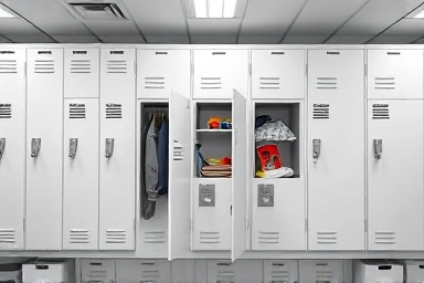 Modern personal lockers in a secure office environment.