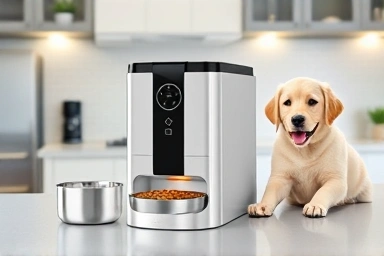 Smart automatic pet feeder in a modern kitchen.
