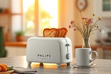 Cozy kitchen with Philips toaster and coffee, home cafe setup.