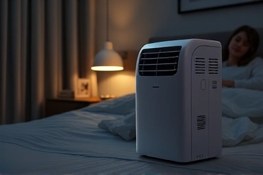 Quiet portable air conditioner in a peaceful bedroom setting.