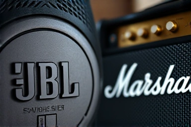 Detailed view of JBL and Marshall speaker designs