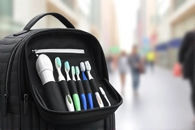 Sleek portable toothbrush set in travel bag, symbolizing convenience.
