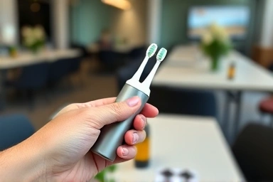 Hand holding portable toothbrush set, promoting on-the-go oral hygiene.