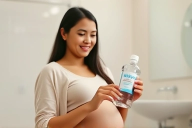 Pregnant woman using safe mouthwash for oral health.