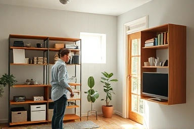 Serene, organized living room with sunlight and neat shelves.