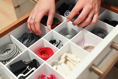 Hands organizing drawer with dividers for perfect order.