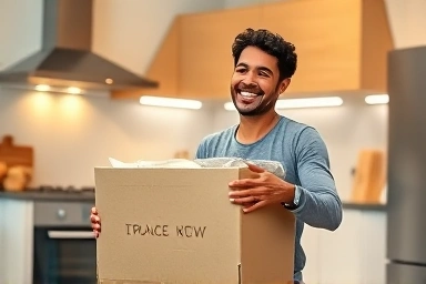 Happy person unboxing a high-quality refurbished appliance, smart shopping.