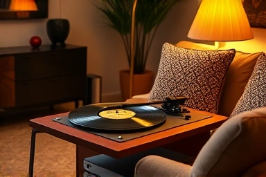 Retro LP turntable enhancing living room ambiance and style.