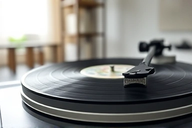 Detailed view of a vintage-style LP turntable as a functional art piece.