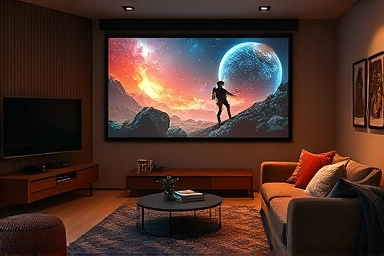 Immersive home cinema experience with Samsung projector.