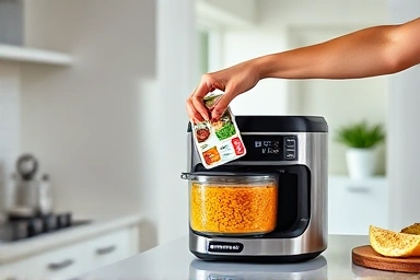 Samsung Qooker appliance with a meal kit, symbolizing easy cooking.