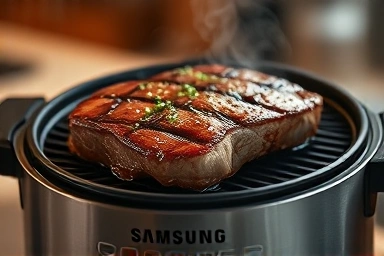 Gourmet steak cooked perfectly in a Samsung Qooker appliance.