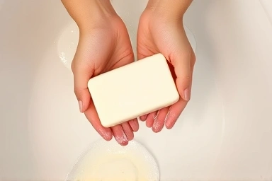 Hands gently lathering soap, representing mild cleansing for sensitive skin.