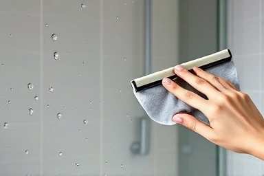 Close-up of squeegee removing water spots from shower glass.