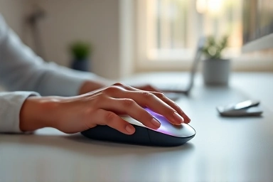 Minimalist office desk with a silent mouse, symbolizing focus.
