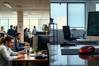 Contrast of noisy vs. calm workspace with silent mouse.