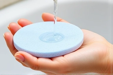 Silicone sponge being rinsed under running water.
