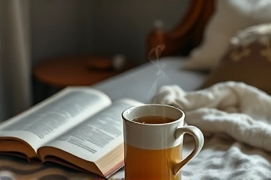 Steaming mug of herbal tea, peaceful bedside, promoting sleep.