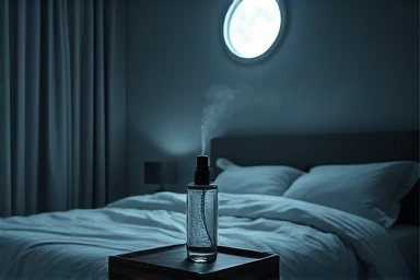 Tranquil bedroom with calming room spray for sleep.