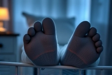 Cozy sleeping socks on feet, symbolizing warmth and circulation.