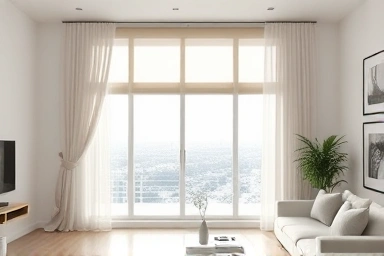 Modern living room with automated smart curtains and blinds.