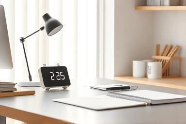 Modern desk with digital alarm clock and organized workspace.