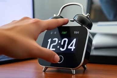 Hand interacting with smart alarm clock showing calendar notification.