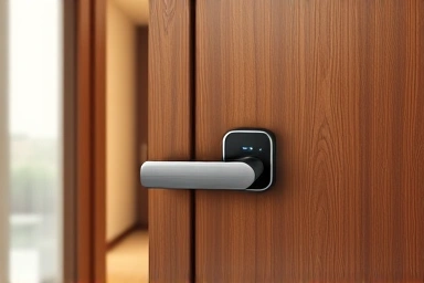 Modern smart door lock on a wooden front door.