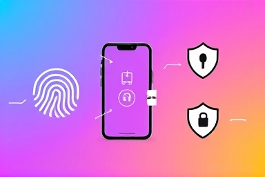 Icons symbolizing smart door lock features: fingerprint, app, security.