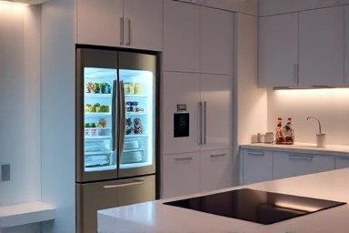 Futuristic smart kitchen with integrated AI appliances and ambient lighting.