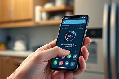 Smartphone app controlling smart kitchen appliances with real-time data.