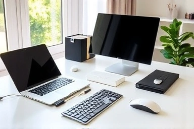 Organized modern home office desk with smart devices.