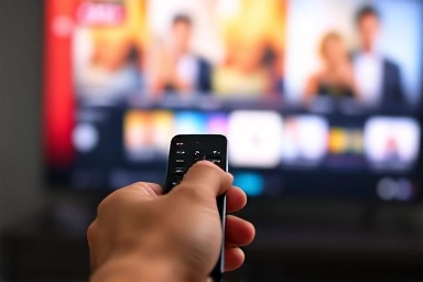 Hand using smart TV remote, person enjoying immersive viewing experience.