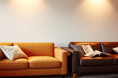 Living room with fabric and leather sofas showcasing different styles.
