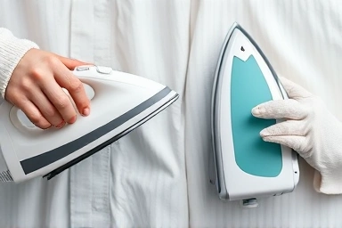 Close-up of steam iron and traditional iron on fabric