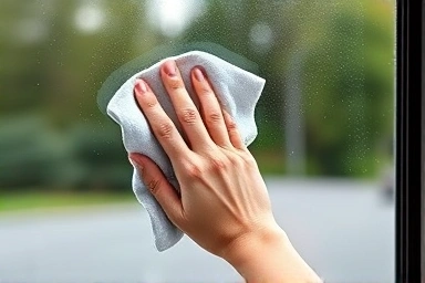 Wiping window clean with microfiber cloth