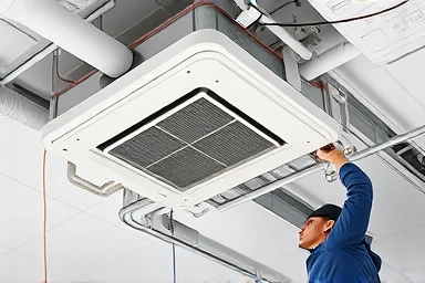 Complex ceiling air conditioner installation with intricate pipework and wiring.