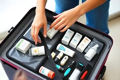 Organized travel packing with small toiletry bottles.
