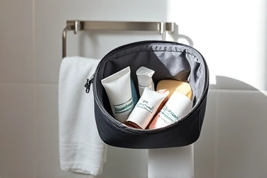 Hanging travel toiletry pouch in a hotel bathroom.