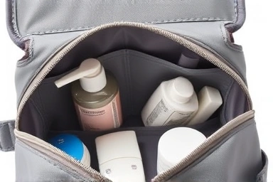 Interior view of a multi-compartment travel toiletry pouch.