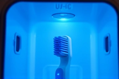 Close-up of UV-C light sanitizing a toothbrush head.