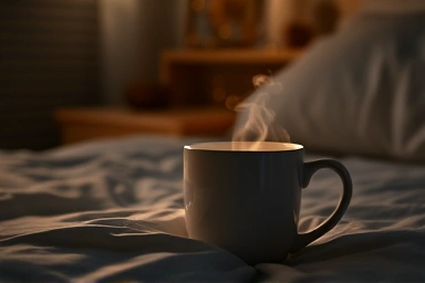 Cozy mug of steaming milk on bedside table for sleep