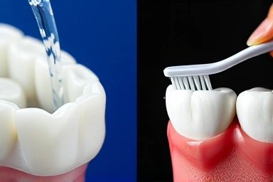 Water jet cleaning tight spaces vs. floss cleaning gumline