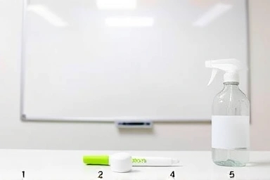 Organized whiteboard markers, eraser, and cleaner set on office desk.