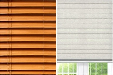 Close-up texture of wood blinds and smooth roller blinds