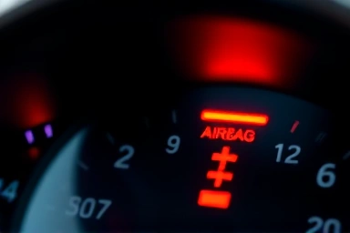 Car dashboard with glowing red airbag warning light.