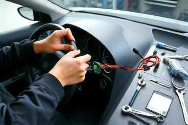 Mechanic inspecting car's airbag wiring system.
